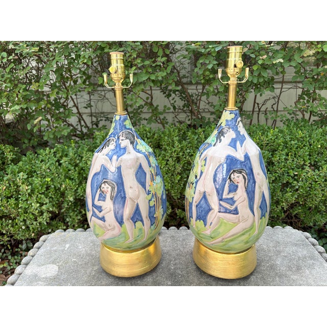 Pair Of Italian Modern Glazed Ceramic Lamps. Offered is a glamorous pair of mid-century Italian glazed ceramic lamps....