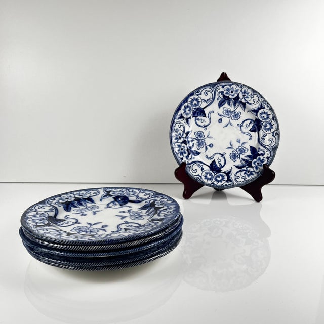 19th Century Flora Earthenware Dessert Plates in Blue from Creil and Montereau, Set of 6 For Sale - Image 4 of 17
