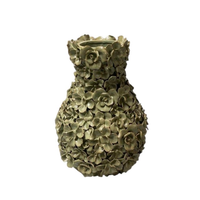 2000 - 2009 Vintage Italian 20" Encrusted Floral Ceramic Urn Vases - Pair in Muted Sage Green For Sale - Image 5 of 12