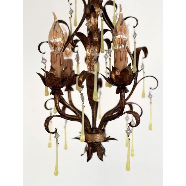 Mid-Century Modern Italian Murano Glass Gilt Chandelier with Yellow Glass Drops, 1960s For Sale - Image 4 of 16