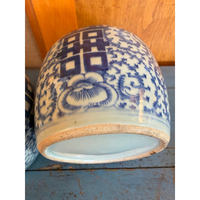 Blue Chinese Blue and White Porcelain Pair of Ginger Jars With Double Happiness Symbols, Having Their Original Domed Lid For Sale - Image 8 of 12