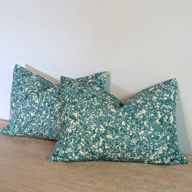 Turquoise Splatter Print Lumbar Pillows - Set of 2 For Sale - Image 4 of 6