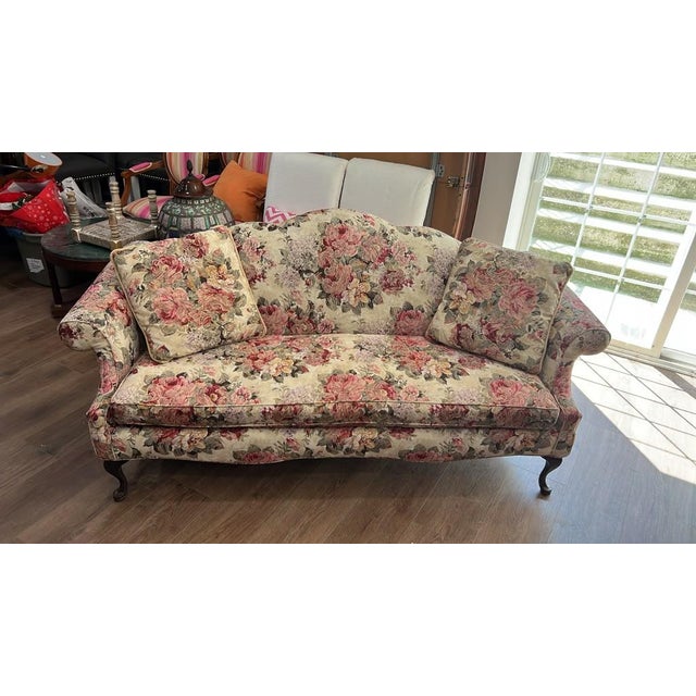 Mid-Century Modern Vintage Floral Humpback Sofa With Carved Claw-and-Ball Feet For Sale - Image 3 of 5