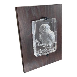Mats Jonasson Swedish Carved Crystal Tawny Owl Wall Plaque Sculpture For Sale