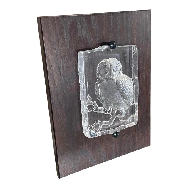 Mats Jonasson Swedish Carved Crystal Tawny Owl Wall Plaque Sculpture For Sale