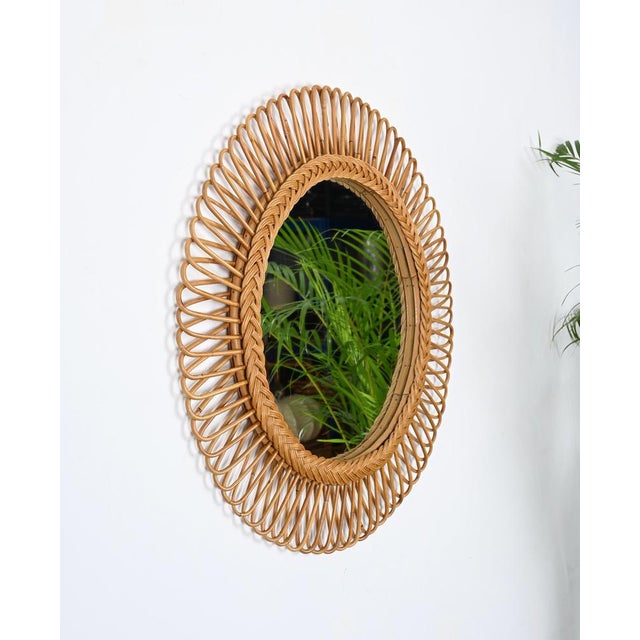 Franco Albini Mid-Century Italian Bamboo and Wicker Round Mirror by Franco Albini, 1960s For Sale - Image 4 of 13