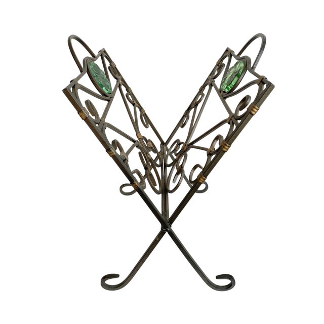 Mid-Century Modern 1980s Metal Folding Magazine or Record Holder - Green Glass Medallion For Sale - Image 3 of 9