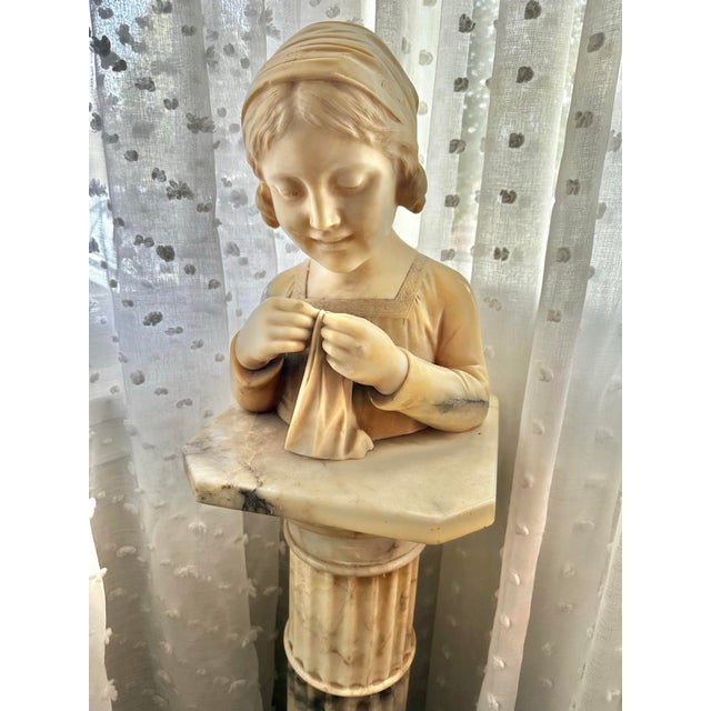 Victorian 19th Century Italian Alabaster Bust of “The Sewing Girl” on Marble Pedestal, Neoclassical Sculpture For Sale - Image 3 of 12
