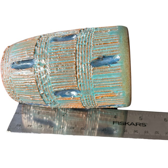 Ceramic Mid-20th Century Signed Textural Studio Pottery Vase in Turquoise and Ochre For Sale - Image 7 of 7
