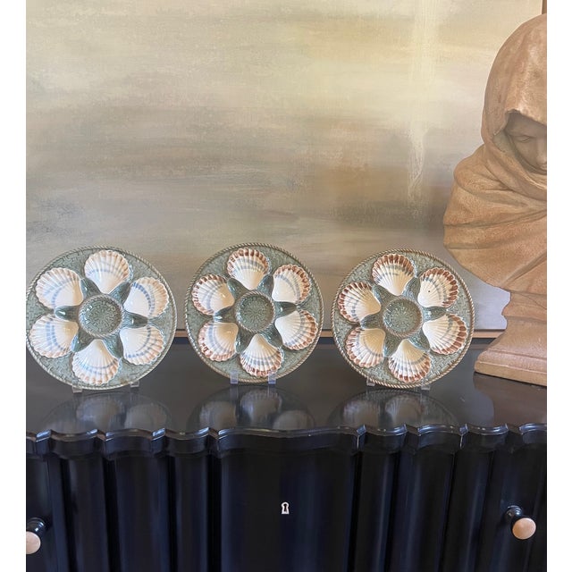 Longchamp Terre de Fer oyster plate, made in Burgandy France around 1900. Green basket weave pattern with six wells and...