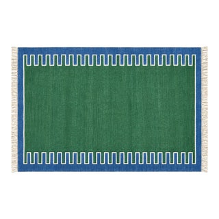 Handmade Cotton Vegetable Dyed Rug, Forest Green, White and Blue Zig Zag Striped Dhurrie-8'x10' For Sale