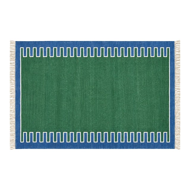 Handmade Cotton Vegetable Dyed Rug, Forest Green, White and Blue Zig Zag Striped Dhurrie-8'x10' For Sale
