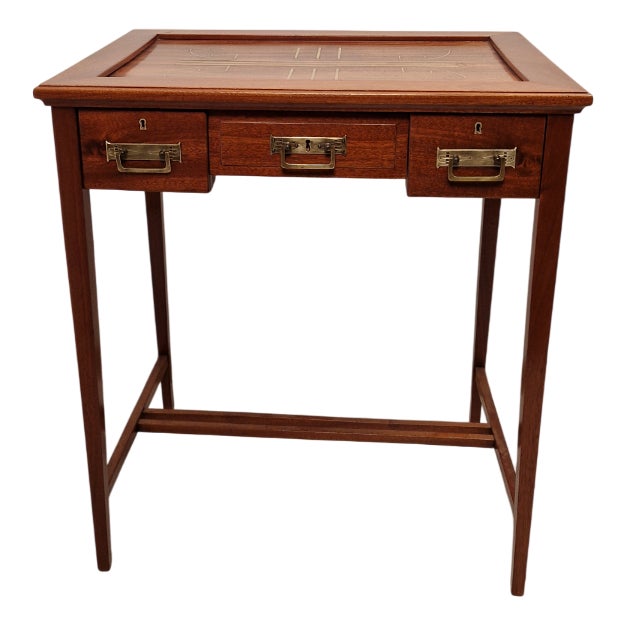 Art Nouveau Wooden Desk with Brass Inserts by Eugenio Quarti, 1890s For Sale