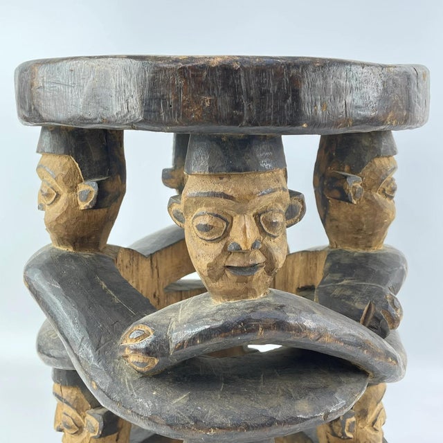 Dark Gray Early 20th Century Bamileke Eight Faces Wooden Stool Cameroon For Sale - Image 8 of 9