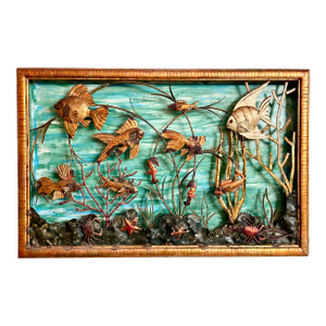 Mid Century Gilt Metal Brutalist Fish Aquarium Wall Art