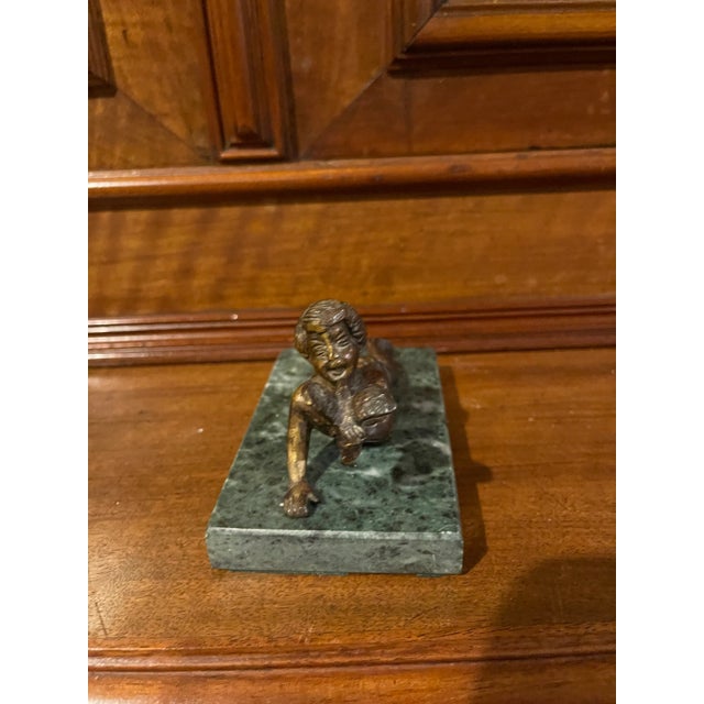 Early 20th Century Bronze Statue Boy Holding Bird For Sale - Image 5 of 6