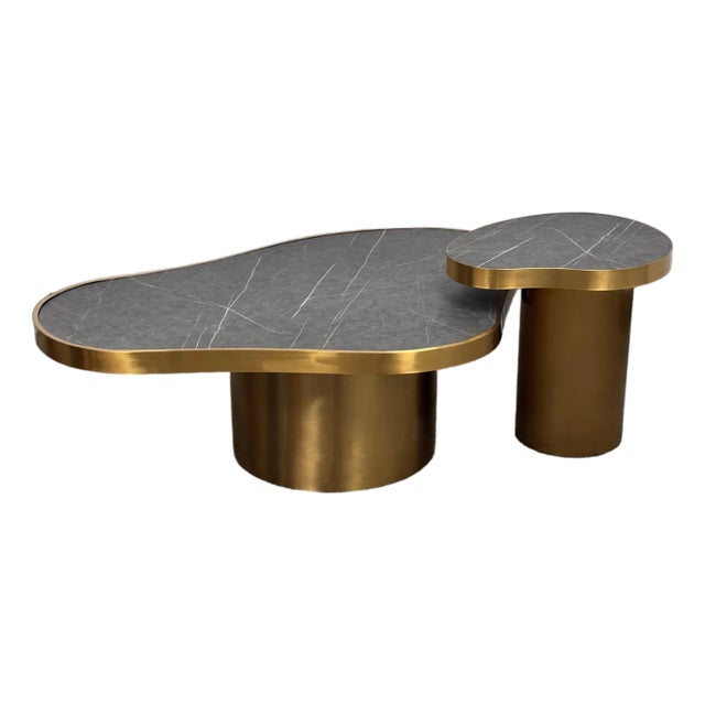 Michael Oren Design Marquina Marble Kidney Coffee Table + Side Table, Set of Two For Sale