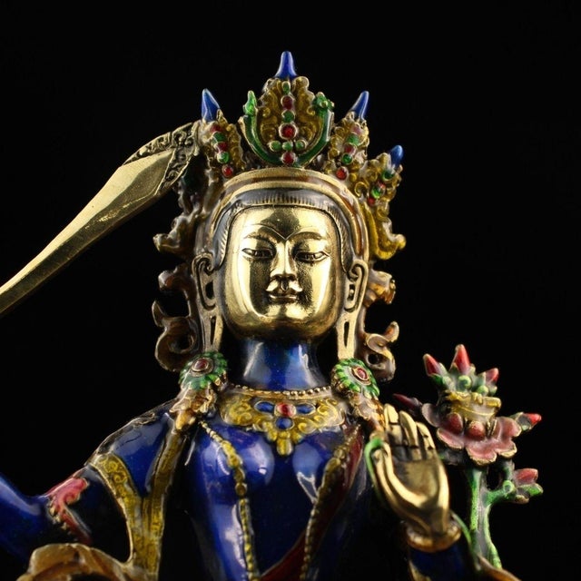 Vintage Cloisonné Enamel Bronze Manjushri Statue Buddhist Deity Sword 8.3" For Sale In Los Angeles - Image 6 of 9