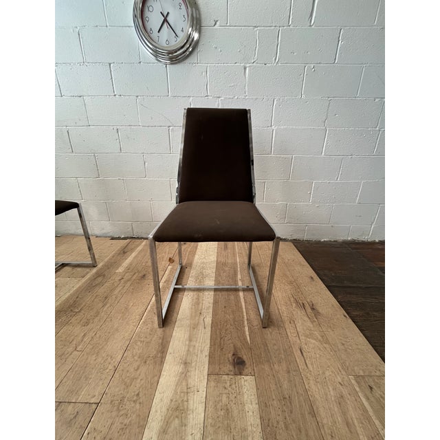 Milo Baughman Set of 4 Modern Chrome Dining Chairs in Brown Ultrasuede, Milo Baughman Style For Sale - Image 4 of 8