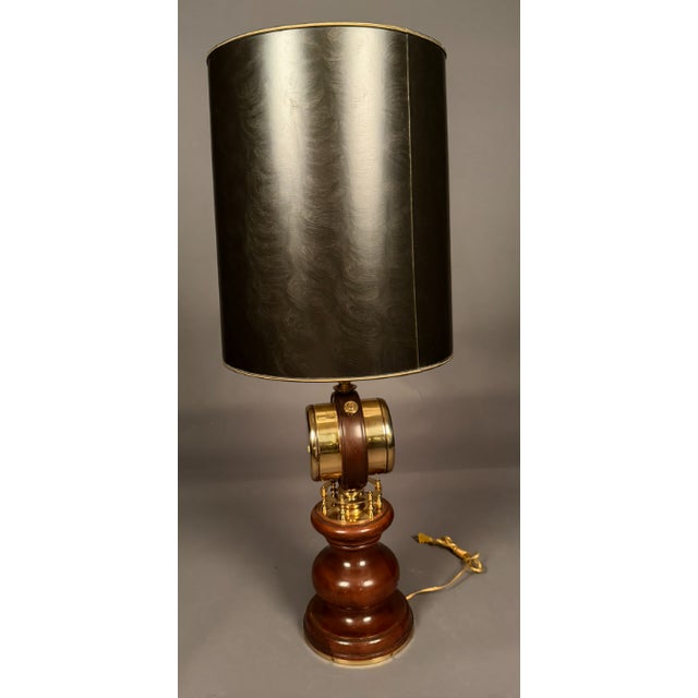 Mid 20th Century Large Brass & Mahogany Nautical Desk Lamp With Clock and Barometer Swivel Head For Sale - Image 9 of 15