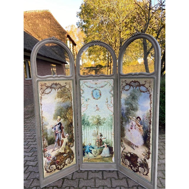 1960s Louis XVI Gray Beech Room Divider Screen, Upholstered, 3 Panel For Sale - Image 9 of 18