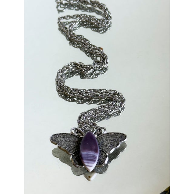 Vintage 1970s Silver Tone Butterfly Pendant Necklace With Purple Banded Agate Cabochon For Sale - Image 11 of 15