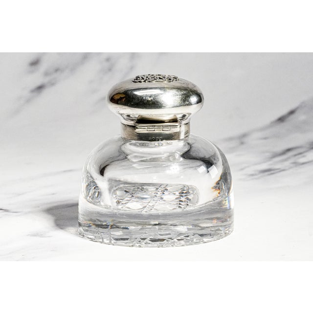Beautiful Large Antique English Edwardian Sterling Silver Cut Crystal Hobnail Paperweight Desk Inkwell Home Decor For Sale - Image 12 of 16