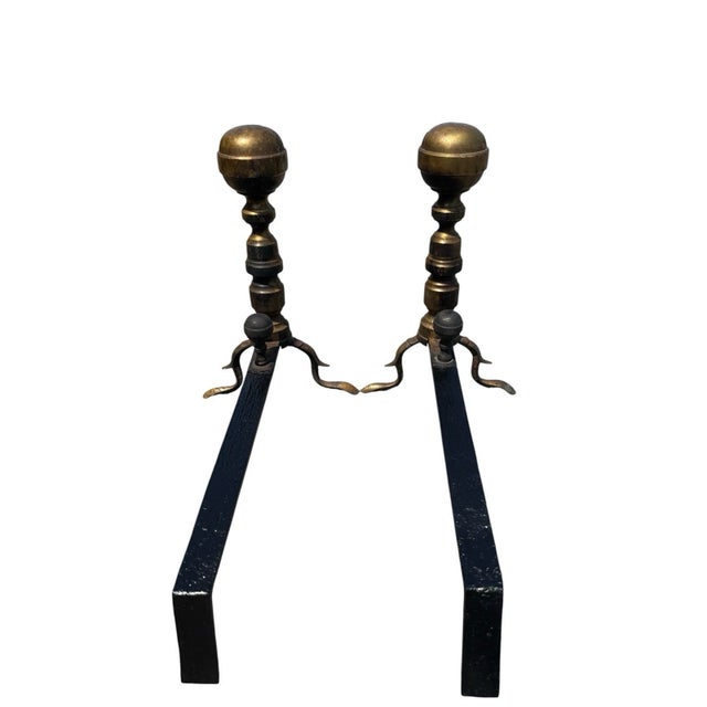 1920s Antique Brass Ball Finial Fireplace Andirons Fire Dogs Pair Early 1900s For Sale - Image 5 of 18