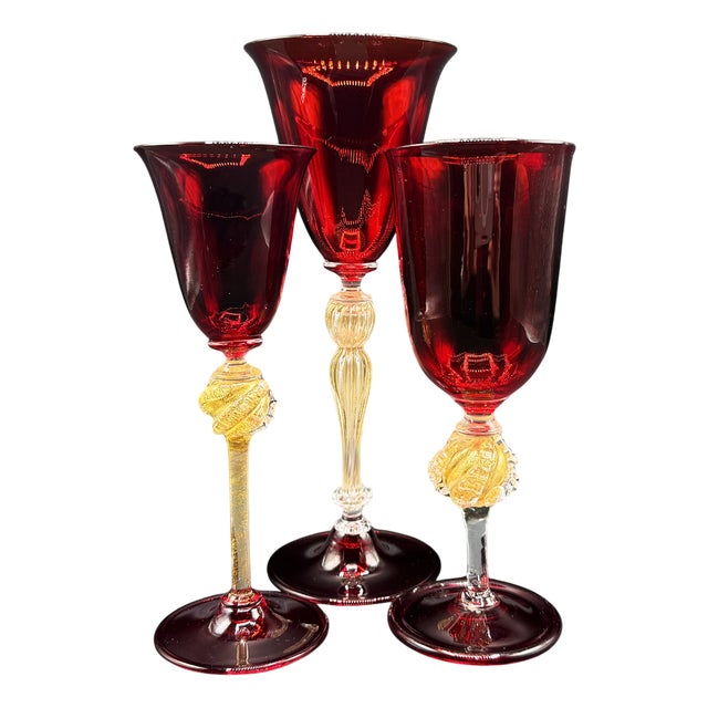 Venetian Ruby ​​and Gilt Murano Glass Goblets, Set of 3 For Sale
