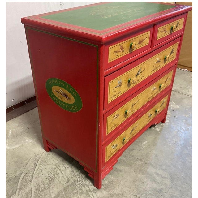 Red Vintage "Hardy & Co Trout Flies” Fishing Tackle Themed 5-Drawer Accent Chest For Sale - Image 8 of 11