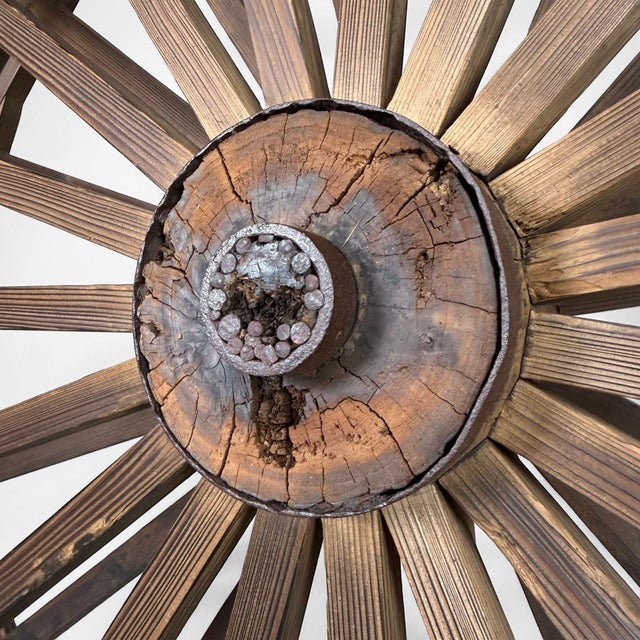 Impressive large Japanese wooden water wheel, also known as suisha or mizuguruma, probably dating from the mid-20th...