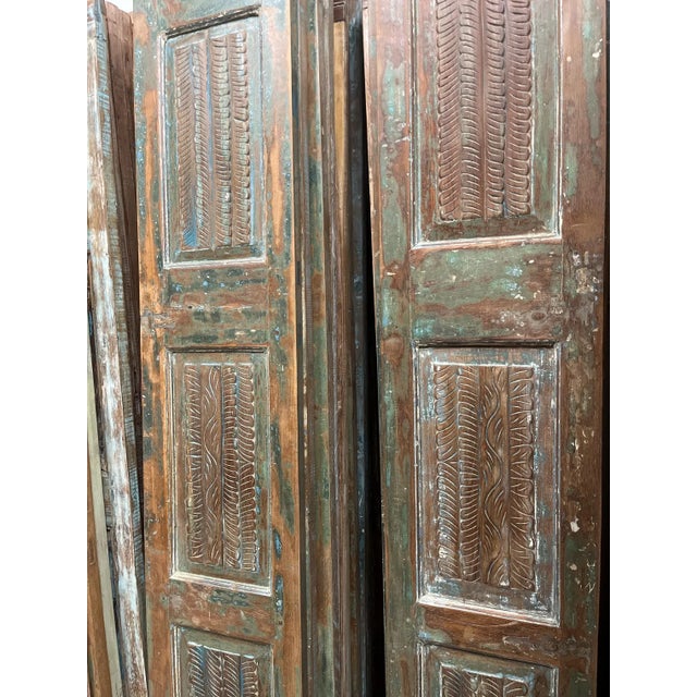 Mid-Century Modern Antique Hand-Carved Double Doors | Rustic Farmhouse Sliding Pantry & Closet Doors 80x32 For Sale - Image 3 of 7
