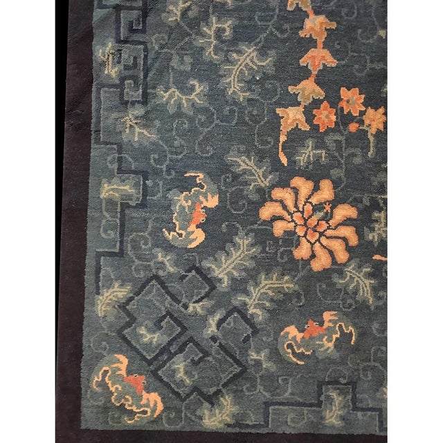 Chinese Room Size Blue Damask Chinese Knotted 1890s Antique Wool Rectangle Peking Rug For Sale - Image 3 of 5