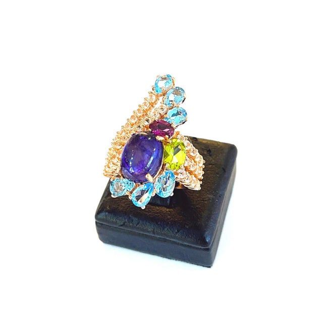 Traditional Bochic "Capri" Vintage Sapphire & Multi Gem Cocktail Ring 18k Gold & Silver For Sale - Image 3 of 18