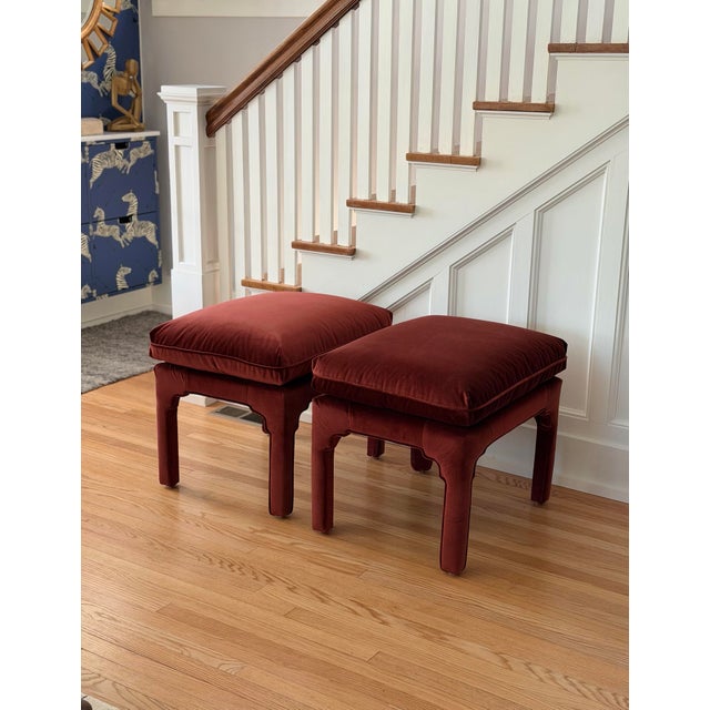 1970s Sculptural Arched Leg Rectangular Red Velvet Ottomans - A Pair For Sale In Detroit - Image 6 of 12