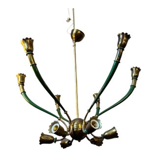 1960s Mid-Century Modern Green Painted Metal and Brass Italian Chandelier For Sale