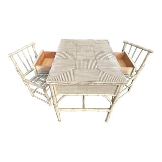 1970s Vintage Bamboo Twig Rattan Parquet Partners Desk and Chairs - Set of 3 For Sale