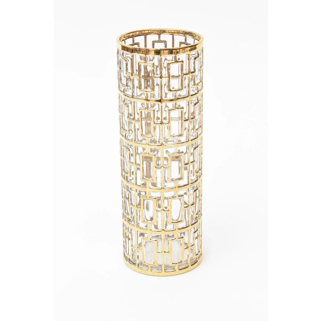 Metal Imperial Glass Shoju Screen Trellis 22 Carat Gold Plated Over Clear Vase or Martini Vessel Vintage For Sale - Image 7 of 13
