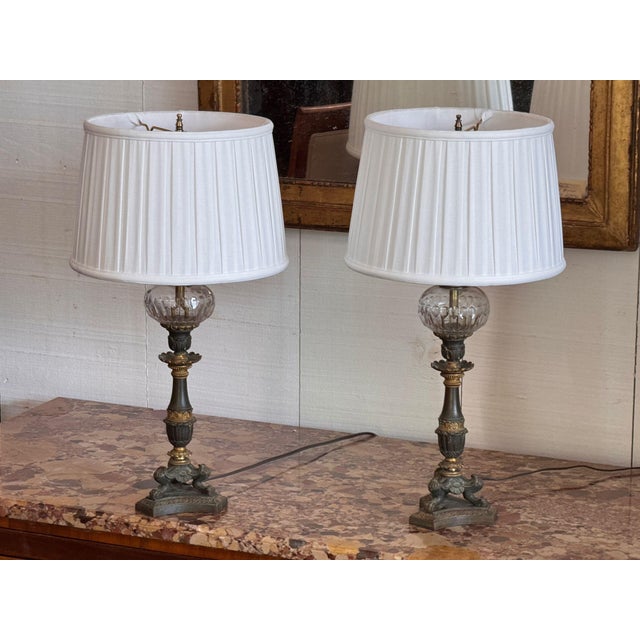 Early 19th Century French Empire Lamps With Cut Glass Fonts - Pair For Sale - Image 4 of 12