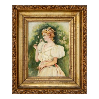 American Woman With Flowers Oil on Canvas, C. 1900 For Sale