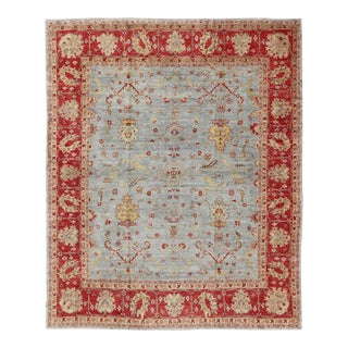 Angora Oushak Turkish Rug in Raspberry Red, Light Blue, Light Green & Butter For Sale