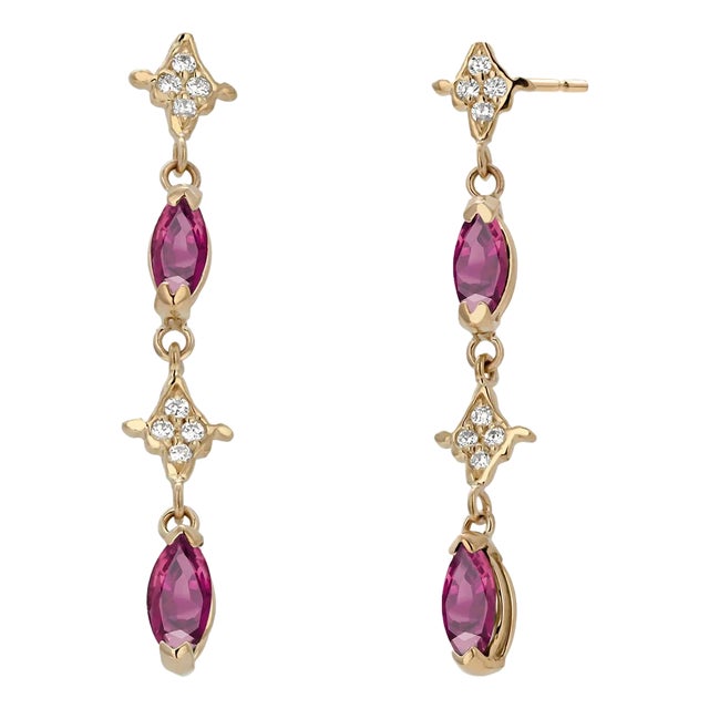14k Yellow Gold Drop Earrings 4 Marquis Rubies 2.40 Pavé Diamonds 0.30 Carats, A Pair For Sale