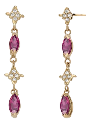 14k Yellow Gold Drop Earrings 4 Marquis Rubies 2.40 Pavé Diamonds 0.30 Carats, A Pair