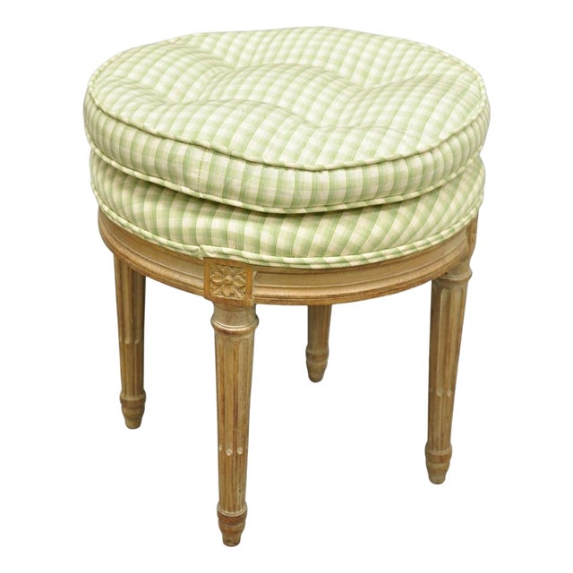 Vintage French Country Louis XVI Style Round Seat Carved Vanity Stool Chair For Sale