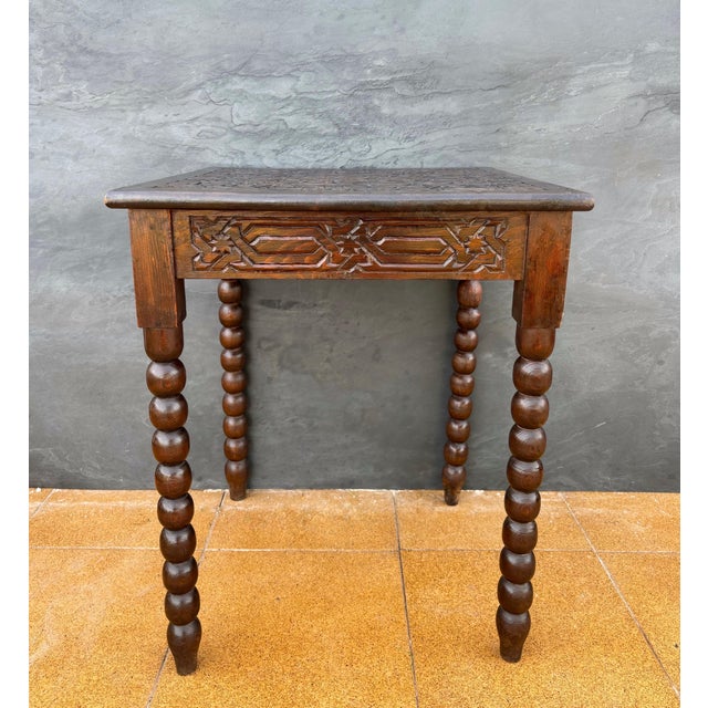 1930s Spanish Barley Twist Side Table with Geometric Carved Top, 1930s For Sale - Image 5 of 10