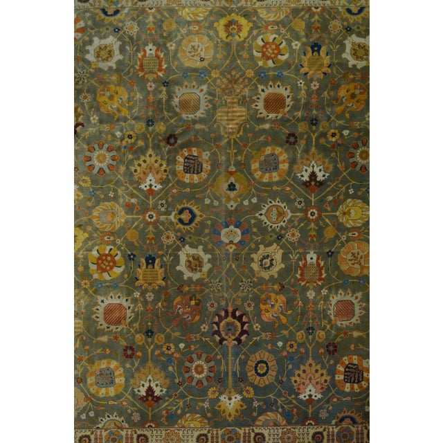 Persian Antique Hand Knotted Green Tabriz Rug 9'7'' X 11'11'' For Sale - Image 3 of 10