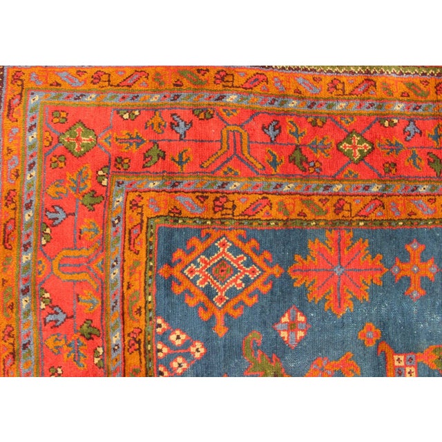 Early 20th Century Antique Turkish Oushak Rug in Vibrant Blue Red Green With All-Over Design For Sale - Image 11 of 12