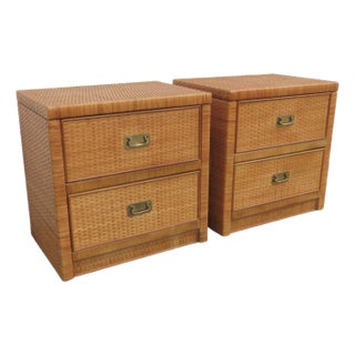 Dixie Hollywood Regency Woven Rattan Bamboo Nightstands a Pair 6438 For Sale