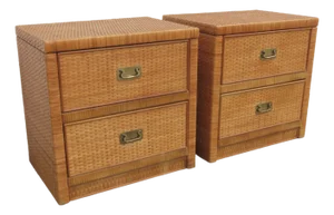 Dixie Hollywood Regency Woven Rattan Bamboo Nightstands a Pair 6438