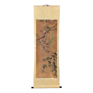 Late 20th Century Chinese Scroll Painting of Green Parrot amid Pear Blossoms For Sale
